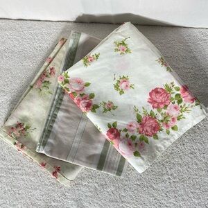 5/$35 Vintage Cream Pink Green Floral Print & Striped Pillowcase Lot x3